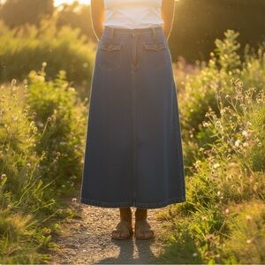 Vintage Bill Blass Jeans Slit Front Maxi Denim Skirt Blue Western Flap Pockets